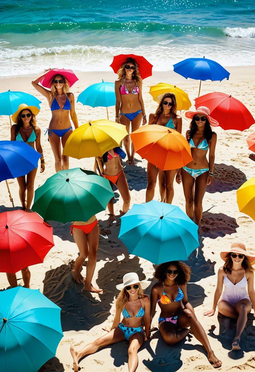 A sun-soaked beach scene featuring diverse models in vibrant, trendy bikinis showcasing the latest beach fashion. Include colorful beach umbrellas and accessories like sunglasses and wide-brimmed hats, with playful waves crashing in the background. The mood is joyful and energetic, portraying a sense of summer freedom. Bright colors and a lively atmosphere are essential to evoke the spirit of summer. vivid colors. super-realistic.