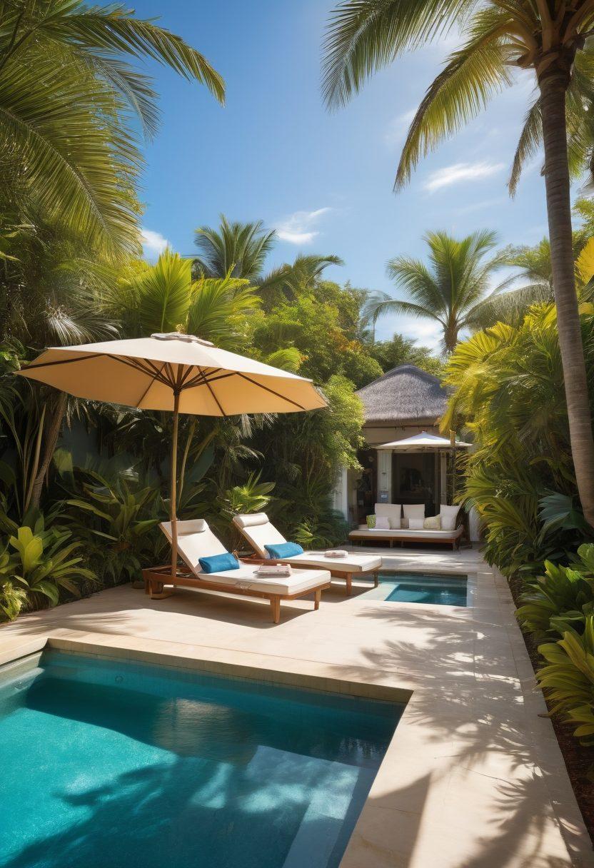 A luxurious poolside scene featuring a stylish sunbed adorned with vibrant beachwear, surrounded by tropical plants and a sparkling blue pool. In the background, a dreamy beach setting with golden sands and crystal-clear waves, while an inviting cocktail on a small table adds a touch of elegance. Bright sunlight casts playful shadows, enhancing the lavish atmosphere. tropical colors. super-realistic. vibrant colors.